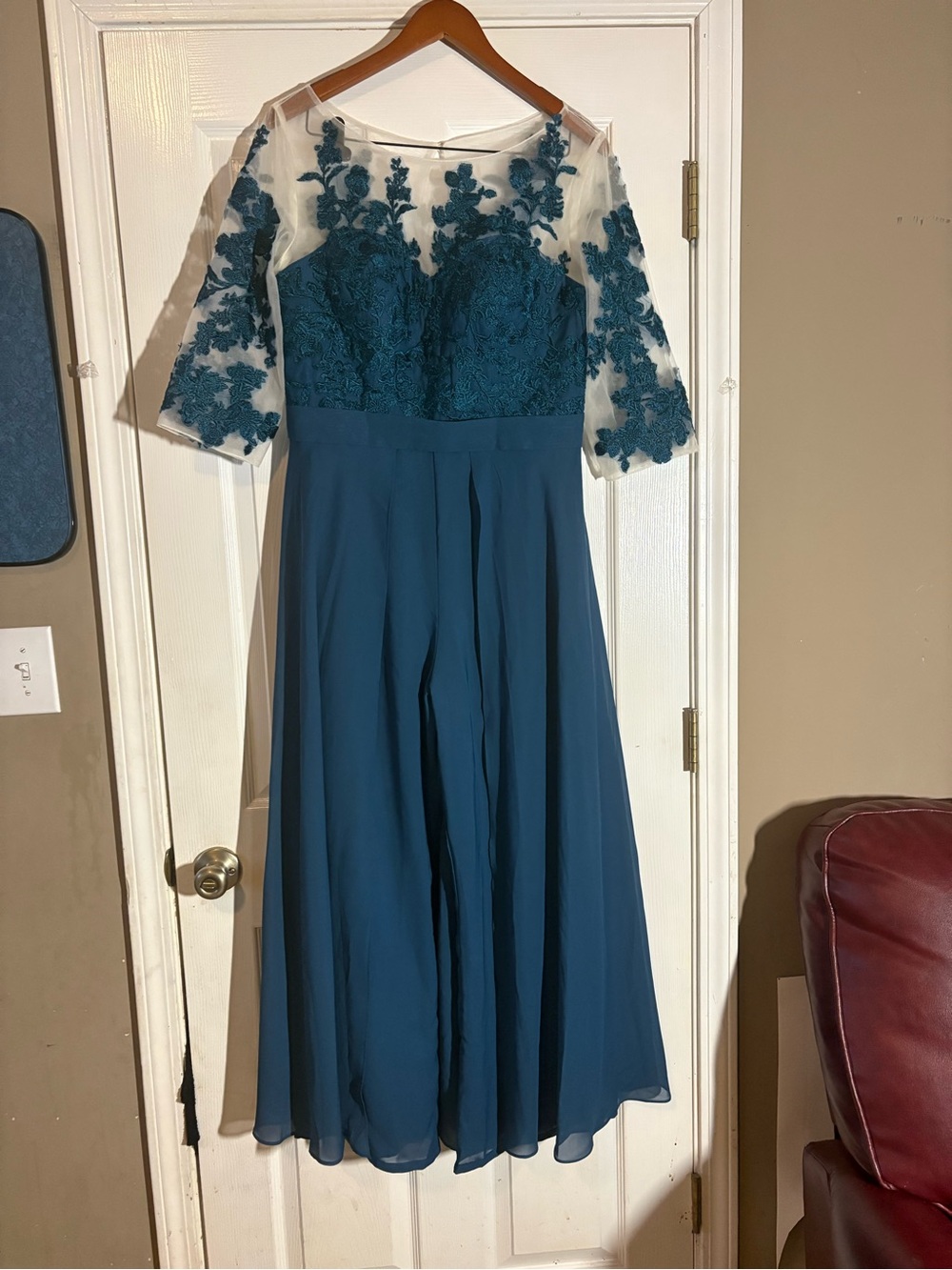 Teal Lace Bodice Midi Jumpsuit/Dress with Sheer Sleeves